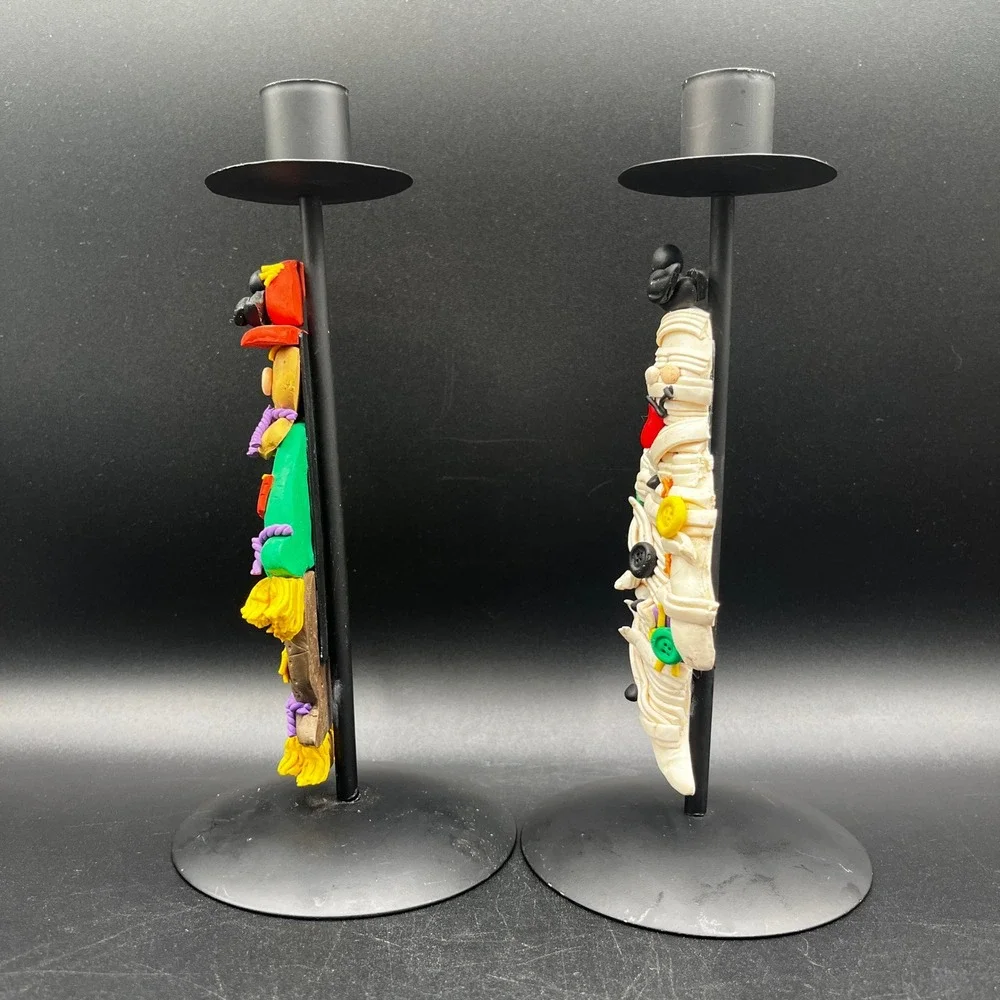 Scarecrow & Mummy Pair Of Halloween‎ Decor Black Metal Candle Holders Clay 8.5